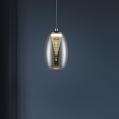 Lightbox LED Rauchglas Hängelampe - Ø 12 cm - 128 cm Höhe - kürzbare Pendelleuchte mit glamourösem Glas Schirm & warmweißem Licht (3000 K) - für das Esszimmer - aus Glas/Metall in Chrom/Rauchglas von Lightbox