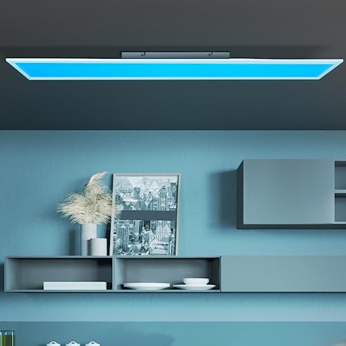 Lightbox LED Aufbaupaneel mit RGB & CCT & Memory Funktion & Nachtlicht & Timer - dimmbar per Fernbedienung - weiße Wand- & Deckenpanel - 120 x 30 cm - 37 W, 3800lm, 2700-6500K - aus Metall/Kunststoff von Lightbox