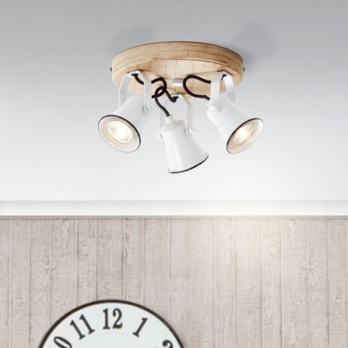 Lightbox 3 flammiger Deckenstrahler - dekoratives Spotrondell im Landhaus Design - Köpfe sind schwenkbar - Metall/Kiefern-Holz in Weiß/Braun von Lightbox