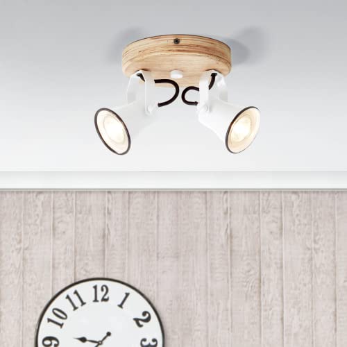 Lightbox 2 flammiger Deckenstrahler - dekoratives Spotrondell im Landhaus Design - Köpfe sind schwenkbar - Metall/Holz Weiß/Braun von Lightbox