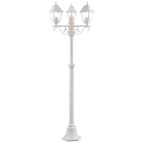 Lightbox 3 flammige Außen Stehlampe - klassische Outdoor Standleuchte - spritzwassergeschützt (IP44) - 2 m Höhe - Ø 58 cm - E27 Fassung - max. 60 W - aus Metall/Glas - in Weiß von Lightbox