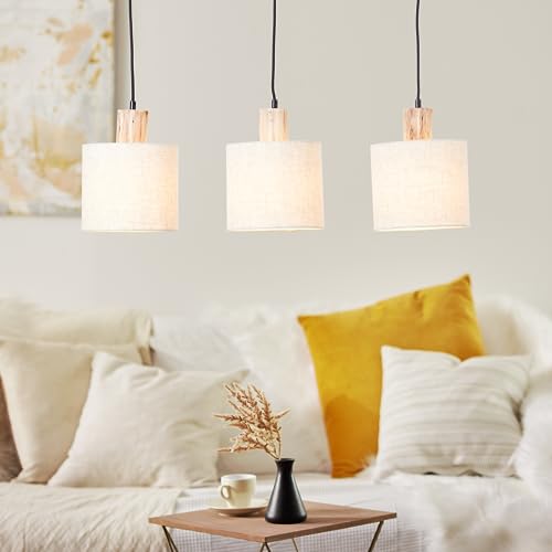 Lightbox 3 flammige Balken Hängelampe - Boho Pendelleuchte mit kürzbarem Kabel - 130 x 80 x 20 cm - E27 Fassung - aus Metall/Textil/Holz aus Eukalyptus - in Schwarz/Beige von Lightbox