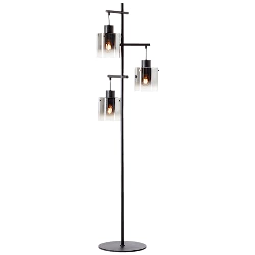 Lightbox 3 flammige Stehlampe - Standleuchte mit Glas Schirmen & Fußschalter - 153 cm Höhe - Ø 46 cm - 3 x E27 Fassung - max. 52 W - aus Metall/Glas - in Schwarz/Rauchfarben von Lightbox