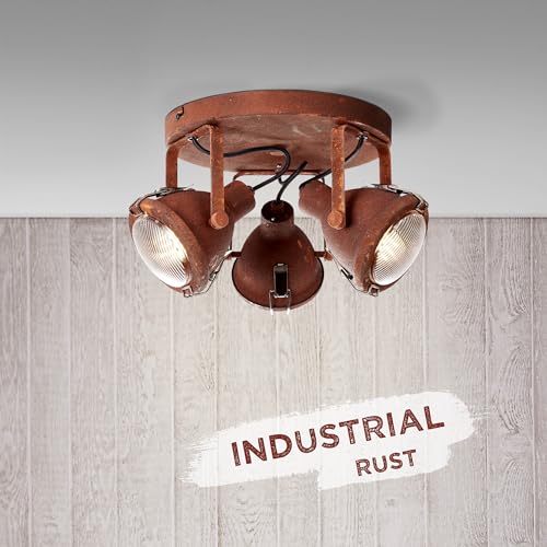 Lightbox 3 flammiger Vintage Deckenstrahler - Industrial Spotrondell mit schwenkbaren Köpfen - 20 x 32 cm - für Wohnzimmer - 3x GU10, max. 7 W - aus Metall/Glas in Rostfarben von Lightbox