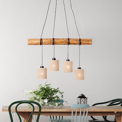 Lightbox 4 flammige Hängelampe - höhenverstellbare Pendelleuchte im Natural Stil - 115 cm Höhe & 95 cm Länge - 4 x E27 Fassung - max. 25 W - aus Holz/Textil - in Schwarz/Braun von Lightbox