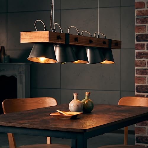 Lightbox 5 flammige Hängelampe - höhenverstellbare Pendelleuchte mit schwenkbaren Köpfen - 115 cm Höhe & 95 cm Länge - 5 x E27 Fassung - aus Metall/Holz aus kanadischer Schwarz-Pappel in Schwarz/Braun von Lightbox
