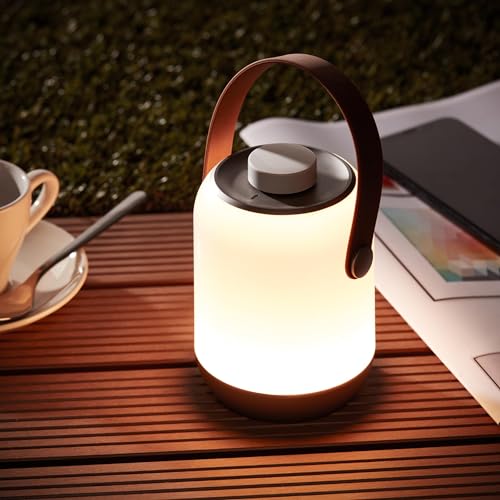 Lightbox LED Tischlampe für den Garten mit warmweißem Licht - Höhe 12 cm - Spritzwassergeschützte Tischleuchte mit Drehdimmer - batteriebetrieben mit USB Anschluss - in Weiß von Lightbox