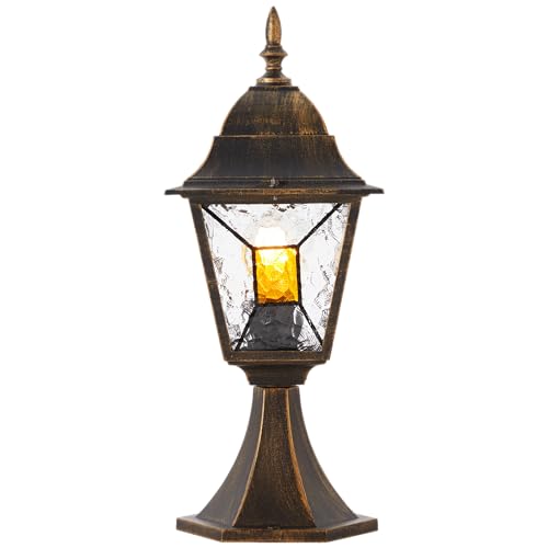 Lightbox Außen Sockellampe mit 44 cm Höhe - Vintage Outdoor Wegeleuchte mit edlem Regenschutz aus Glas - spritzwassergeschützt (IP44) - E27, max. 60 W - aus Metall/Glas - in Schwarz Goldfarben von Lightbox
