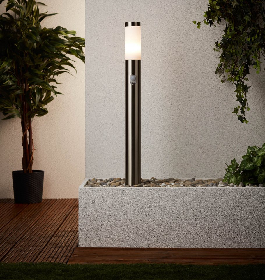 Lightbox Außen-Stehlampe, Bewegungsmelder, ohne Leuchtmittel, LED fest integriert, Kaltweiß, Pollerleuchte mit Dämmerungssensor für separaten LED-Kranz, 78cm Höhe von Lightbox