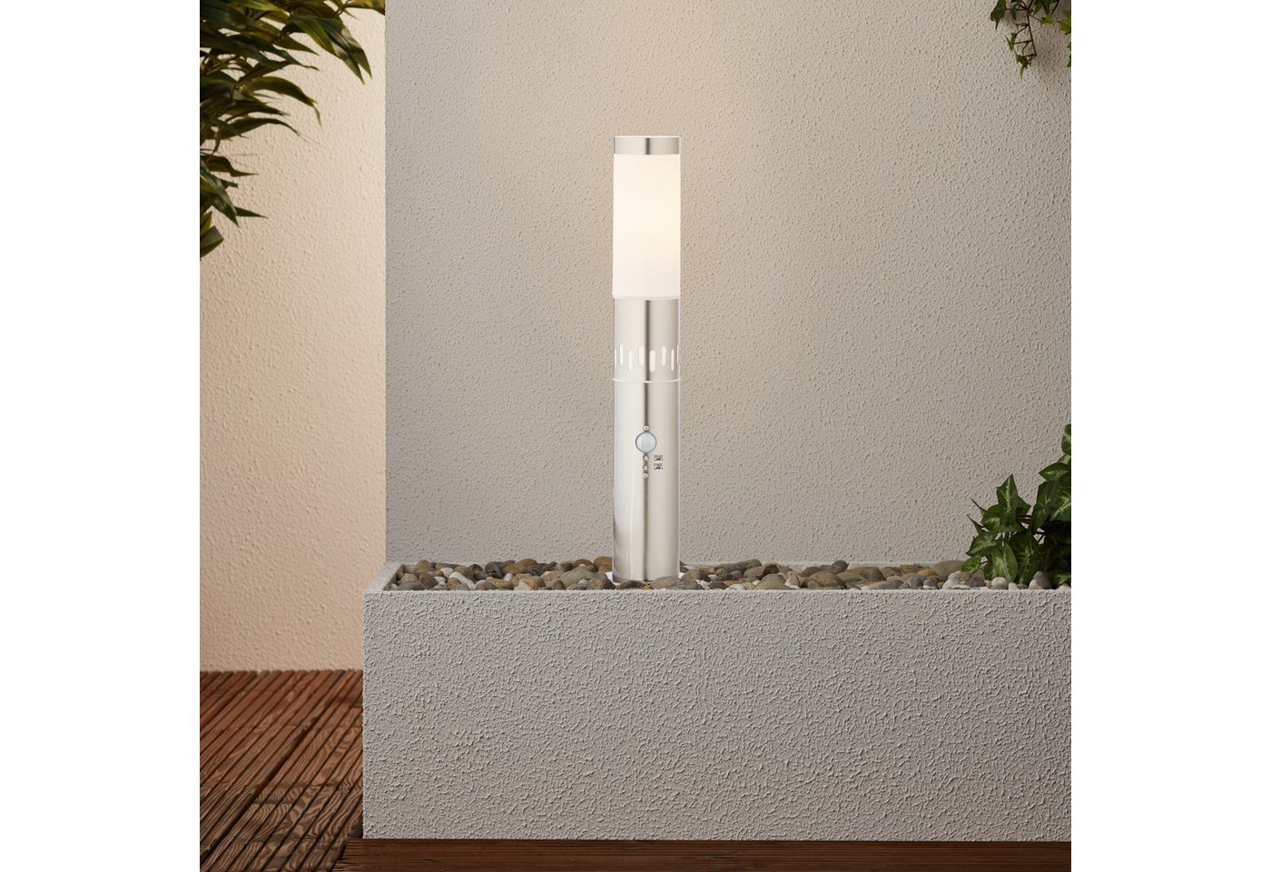 Lightbox Außen-Stehlampe, Bewegungsmelder, ohne Leuchtmittel, Warmweiß, Sockelleuchte, 50 x 12 cm, E27, LED Ring mit Dämmerungssensor, 100 lm von Lightbox