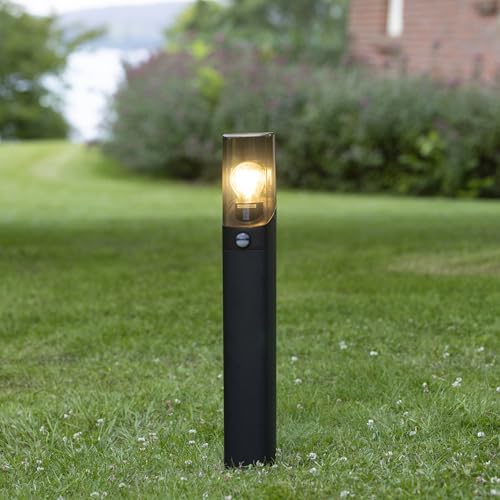 Lightbox Außensockellampe | 60 cm Höhe | Outdoor Wegeleuchte mit braun-transparenter Abdeckung & Bewegungsmelder | E27 | Garten | aus Alu-Druckguss/Kunststoff | in Schwarz/Braun-Transparent von Lightbox