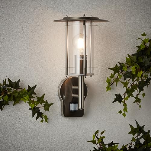 Lightbox Außenwandlampe mit Bewegungsmelder| 36 cm Höhe, Ø 20 cm | stehende Outdoor Wandleuchte | spritzwassergeschützt (IP44) | E27 Fassung | aus Edelstahl/Kunststoff in Silberfarben von Lightbox