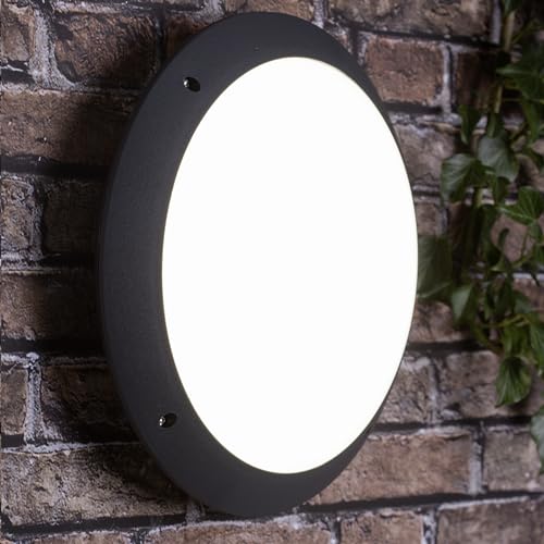 Lightbox Basic LED Außen Wand- & Deckenlampe - 9 cm, Ø 31 cm - Outdoor Wandleuchte mit schwarzen Rahmen - staub- & wasserdicht (IP66) - 12 W, 1400 lm, 4000 K - aus Kunststoff - in Anthrazit von Lightbox