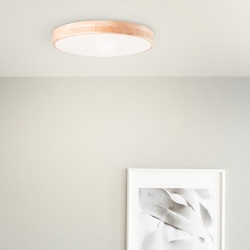Lightbox Basic LED Wand- & Deckenlampe | Ø 50 cm | Holzrahmen vom Kautschukbaum & CCT (3000-6500 K) & Timer & Nachtlicht | dimmbar per Fernbedienung | 3800 lm | aus Metall/Holz/Kunststoff in Weiß/Brau von Lightbox