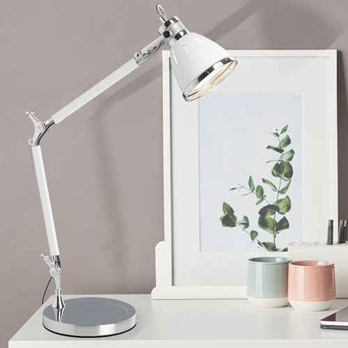 Lightbox Basic Schreibtischlampe - 48 x 50 cm, Ø 21 cm - funktionale Tischleuchte mit schwenkbarem Kopf & einstellbare Gelenke & Schalter - E27, max. 40 W - aus Metall - in Chrom/Weiß von Lightbox