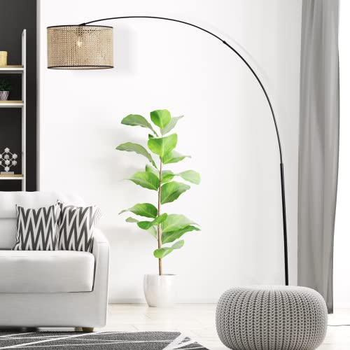 Lightbox Bogenstehlampe im Nature Stil - Boho Standleuchte mit Rattan Schirm & Teleskoparm & schwenkbarem Kopf - für Wohnzimmer - 2 m Höhe - E27, max. 42 W - aus Metall/Rattan - in Holz Hell/Schwarz von Lightbox