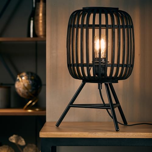 Lightbox Boho Tischlampe - 41 x 16 x 16 cm - Tischleuchte mit schwarzen Ratten Schirm & Schalter - E27, max. 60 W - aus Metall/Bambus - in Holz Dunkel/Schwarz von Lightbox