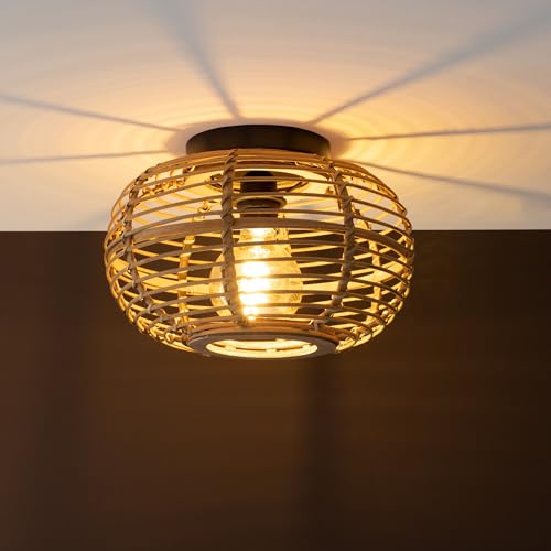 Lightbox Deckenlampe im Boho Stil - dekorative Deckenleuchte mit Bambus Schirm - E27 Fassung max. 40 W - 22 cm Höhe & 32 cm Durchmesser - aus Metall/Bambus in Schwarz Matt/Rattanfarben von Lightbox