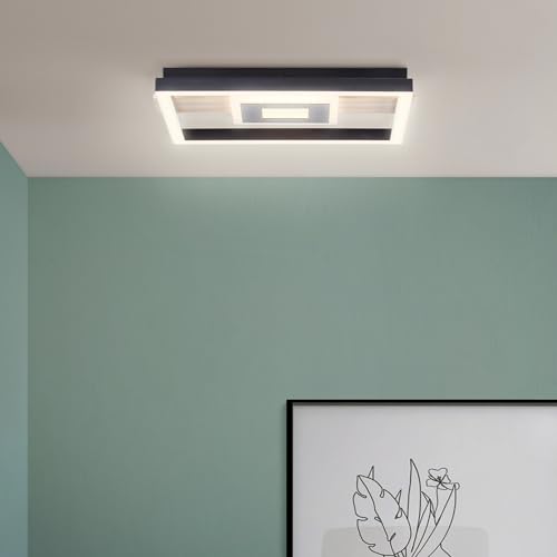 Lightbox Deckenlampe mit Holz Balken & LED Profil & warmweißer Lichtfarbe (3000 K) - 28 x 30 cm - LED Deckenleuchte - 2600lm - aus Metall/Kunststoff/Holz (aus Kiefernholz) - in Schwarz/Holzfarben von Lightbox