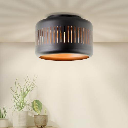 Lightbox Glamour Deckenlampe - 26 cm Höhe, Ø 38 cm - Deckenleuchte mit besonderem Lichteffekt durch lichtdurchlässigen Schirm - E27, max. 60 W - aus Metall - in Schwarz Goldfarben von Lightbox