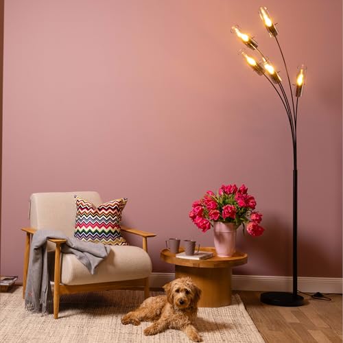 Lightbox Glamour Stehlampe - 200 x 73 x 30 cm - elegante Stehleuchte mit Glas Schirm in Rauchfarbe & Schalter - 5 x E14, max. 25 W - aus Metall/Glas - in Matt Schwarz/Rauchglas von Lightbox