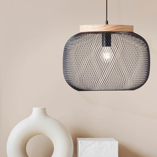 Lightbox Hängelampe | 110 cm Höhe, Ø 40 cm | Pendelleuchte mit Gitter Schirm | kürzbar | Basis aus Kiefernholz | E27 Fassung | Küche oder Esszimmer | aus Metall/Holz | in Schwarz/Braun von Lightbox