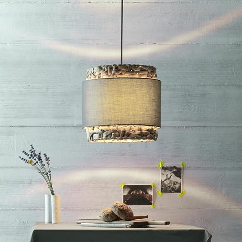 Lightbox Hängelampe im Nature Stil - Boho Pendelleuchte mit kürzbarem Kabel - 140 cm Höhe - Ø 35 cm - E27 Fassung - max. 60 W - aus Textil/Wasserhyazinthe/Metall - in Grau/Beige von Lightbox