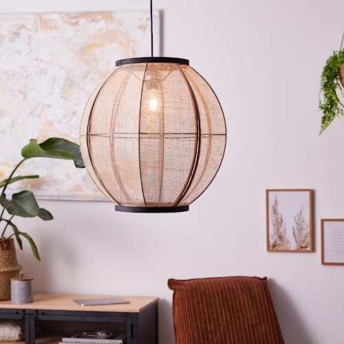 Lightbox Hängelampe im Nature Stil | Ø 47 cm | höhenverstellbare Pendelleuchte mit Stoff-Lampen-Schirm | E27 Fassung | Esszimmer-Lampe aus Metall/Textil in Schwarz/Beige von Lightbox