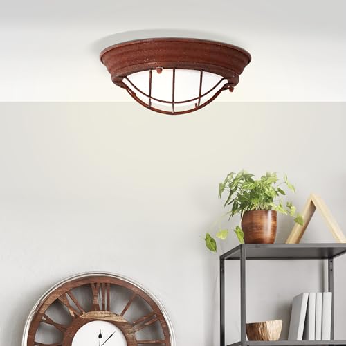 Lightbox Industrial Deckenlampe mit 29 cm Durchmesser - Wand- und Deckenleuchte im Vintage Look - rustikale Bootsleuchte mit Glasscheibe - Metall/Glas Rost/Weiß - E27 Fassung - 30 W von Lightbox