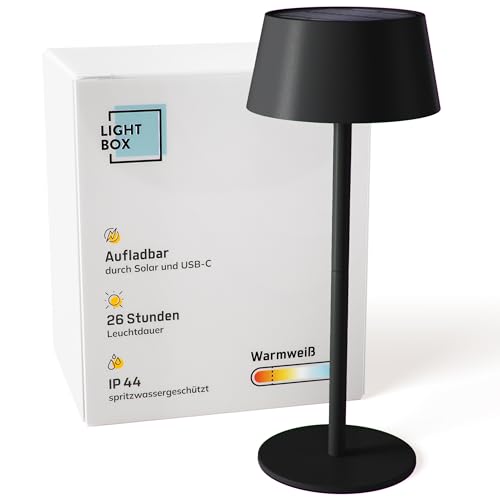 Lightbox LED Außen Tischlampe | kabellose mobile Outdoor Lampe mit Solar | 3 Stufen Touch | dimmbar | Akku-betriebene Tischleuchte (300 lm, 3000 K) | aus Metall & Kunststoff in Schwarz | Balkon Deko von Lightbox