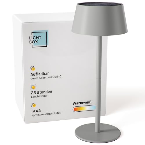 Lightbox LED Außen Tischlampe | Ø 13 cm | kabellose Outdoor Lampe mit Solar | 3 Stufen Touch Dimmer | Akku-betriebene Tischleuchte (4 W, 300 lm, 3000 K) aus Metall/Kunststoff in Grau | Balkon Deko von Lightbox