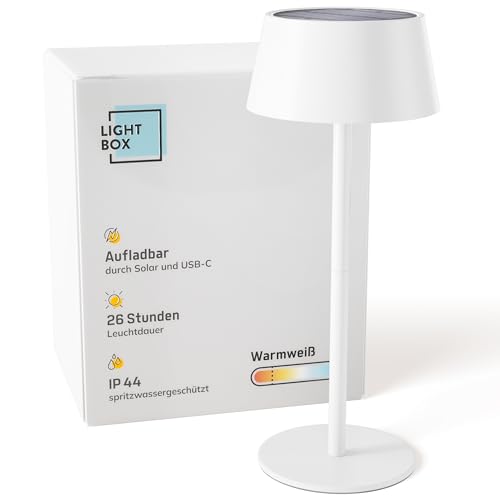 Lightbox LED Außen Tischlampe | kabellose Outdoor Lampe mit Solar | 3 Stufen Touch dimmbar | Akku-betriebene Tischleuchte (4 W, 300 lm, 3000 K) aus Metall und Kunststoff in weiß | Balkon Deko von Lightbox