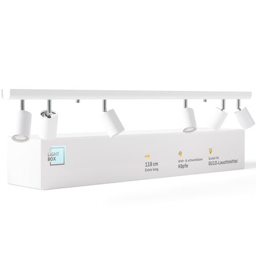 Lightbox LED Deckenlampe | 6 flammig | 9 x 119 x 15 cm | Decken-Strahler mit schwenkbaren Spots | Lampe für Wohnzimmer, Küche oder Schlafzimmer (innen) | 6 x GU10 Fassung | aus Metall in Weiß von Lightbox