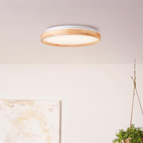 Lightbox LED Deckenlampe - Ø 39 cm - Memory-Funktion - Holz Rahmen aus Kautschukbaum CCT - Lichtfarbe einstellbar per Wandschalter - 3000-4500K - aus Metall/Holz/Kunststoff - in Hellbraun/Weiß von Lightbox