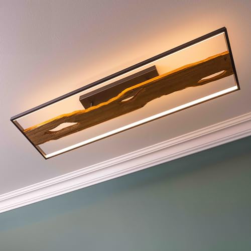 Lightbox LED Deckenlampe im Landhaus Stil - 100 x 14 x 30 cm - dekorative Deckenleuchte mit warmweißer Lichtfarbe (3000 K) - 48 W - 6600 Lumen - aus Aluminium/Metall/Holz - in Schwarz/Holz von Lightbox