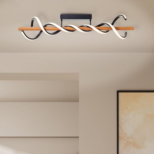 Lightbox LED Deckenlampe im Nature Stil - Deckenleuchte mit 3 Stufen Dimmer & gedrehtem LED-Band & Holz-Balken - 35 cm Höhe & 80 cm Breite - aus Metall/Holz in Schwarz/Holz von Lightbox