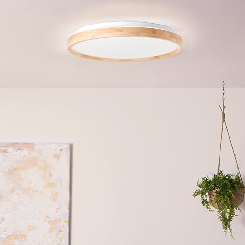 Lightbox LED Deckenlampe mit CCT & Nachtlicht & Timer - Ø 50 cm - flache Deckenleuchte - dimmbar per Fernbedienung (max. 3300 lm) - Metall/Kunststoff/Holz aus Kautschukbaum - in Hell Braun/Weiß von Lightbox
