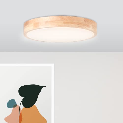 Lightbox LED Deckenlampe mit Holz Rahmen & Memory-Funktion & CCT (3000K - 4500K) - Ø 34 cm - Deckenleuchte im Landhaus Stil - IP44 - für das Badezimmer - aus Holz/Kunststoff/Metall von Lightbox