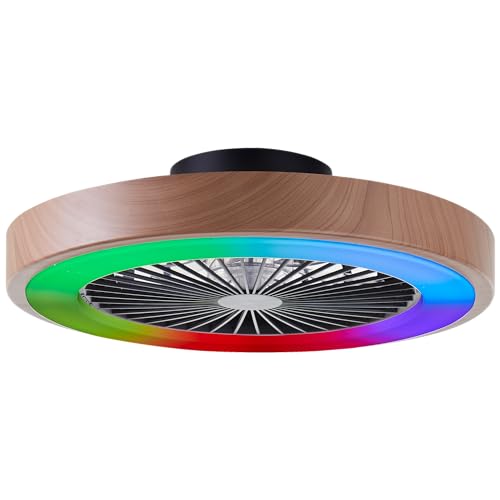 Lightbox LED Deckenlampe mit Ventilator & Rahmen in Holzoptik & RGB Front Light & CCT Center Light - dimmbar per Fernbedienung - Deckenleuchte - Ø 49 cm - aus Kunststoff/Metall - in Braun/Schwarz von Lightbox