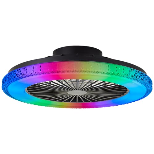 Lightbox LED Deckenlampe mit Ventilator & Rahmen in Kristalloptik & RGB Front Light & CCT Center Light - dimmbar per Fernbedienung - schwarze Deckenleuchte - Ø 49 cm - aus Kunststoff/Metall von Lightbox