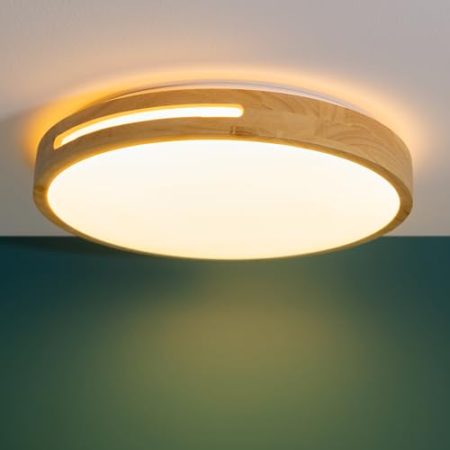 Lightbox LED Wand- & Deckenlampe mit 3-Stufen-Dimmer & hellbraunem Holz Rahmen vom Kautschukbaum & warmweißer Lichtfarbe (3000 K) | Ø 39 cm | 24 W | 2100 lm | aus/Kunststoff/Metall/Holz von Lightbox