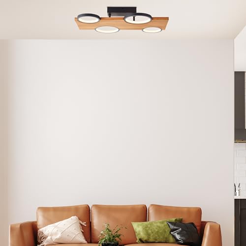 Lightbox Nature Deckenlampe - 10 x 55 x 35 cm - moderne Deckenleuchte mit Holz Balken aus Kiefer - LED Kreise & 3 Stufen Dimmer - 28 W, 3400 lm, 3000 K - aus Metall/Holz - in Matt Schwarz/Braun von Lightbox