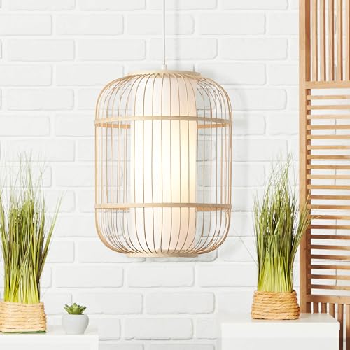 Lightbox Nature Hängelampe - 150 cm Höhe, Ø 30 cm - Pendelleuchte mit Bambus Schirm & Stoff Abdeckung & kürzbarem Kabel - E27, max. 40 W - aus Metall/Bambus/Textil - in Hellbraun/Weiß von Lightbox