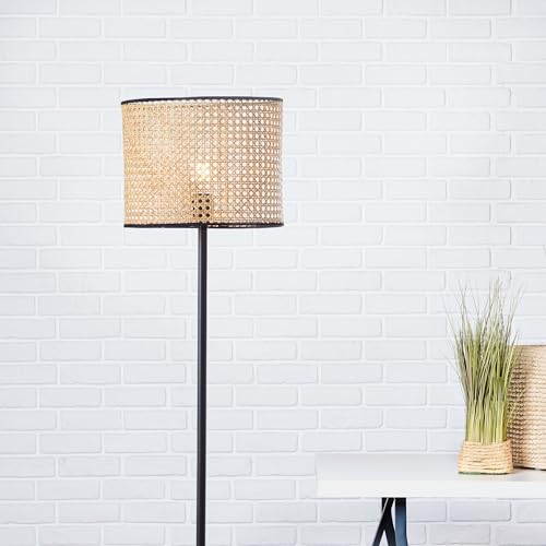 Lightbox Nature Stehlampe - 154 cm Höhe, Ø 30 cm - Stehleuchte mit geflochtenen Rattan Schirm & Schalter - für Wohnzimmer - E27, max. 60 W - aus Metall/Rattan - in Hellbraun/Schwarz von Lightbox