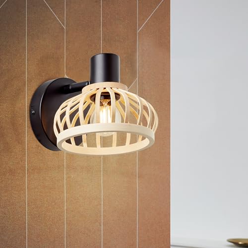 Lightbox Nature Wandlampe - schwarzer Wandspot mit Bambus-Schirm und schwenkbarem Kopf - dimmbar - 14,9 cm Höhe x 15 cm Breite - E14 Fassung max. 28 W - für Schlafzimmer aus Metall/Bambus von Lightbox