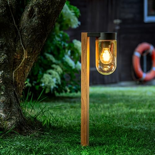 Lightbox Outdoor Pollerleuchte - spritzwassergeschützte Sockelleuchte in moderner Holz-Optik - Metall/Glas Braun/Schwarz - 55cm Höhe von Lightbox