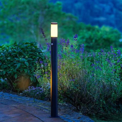 Lightbox Outdoor Wegelampe - 11 cm Höhe - Ø 12 cm - schwarze Außen Stehleuchte mit Bewegungsmelder - für den Garten - E27 Fassung, max. 20 W - aus Metall/Kunststoff von Lightbox