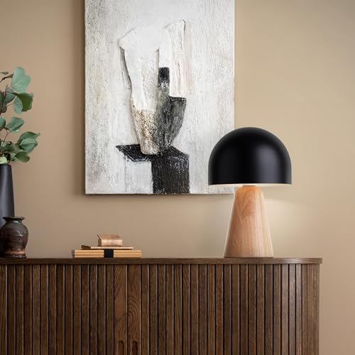 Lightbox Pilz Tischlampe | Deko Tischleuchte mit Wipp-Schalter | 31 cm Höhe & 20 cm Durchmesser | E14 Fassung | Wohnzimmer-Lampe aus Metall/Holz aus Weißesche in Hell-Braun/Schwarz von Lightbox