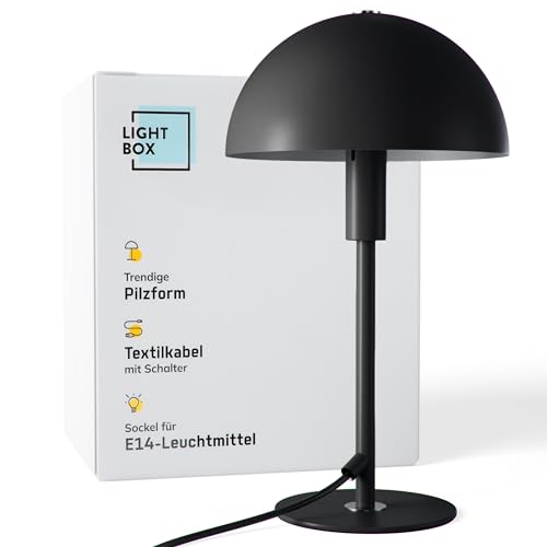 Lightbox Pilz-Tischlampe | Home Office Schreibtischlampe mit Wipp-Schalter | LED Lampe (E14 Fassung) als Nachttischlampe, Büro und Schreibtisch Zubehör | aus Metall in Schwarz Silberfarben von Lightbox