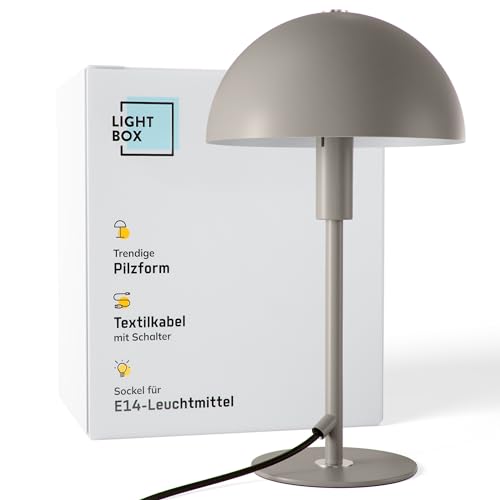 Lightbox Pilz-Tischlampe | 36 cm Höhe | Home Office Schreibtischlampe mit Wipp-Schalter | LED Lampe (E14 Fassung) als Nachttischlampe, Büro & Schreibtisch Zubehör | aus Metall in Taupe/Grau von Lightbox